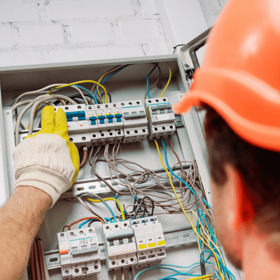 Commercial Electrician Services For Parking Lot Lighting 2 Electrician inspects breaker box wiring during commercial electrician services for repairs and upgrades