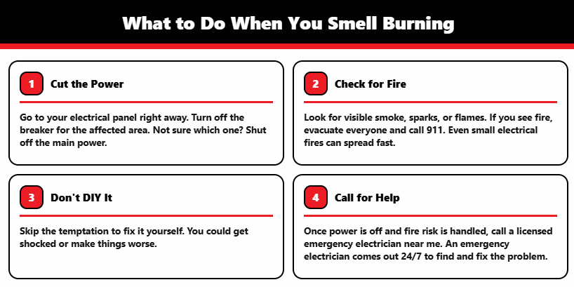 Burning Smell? Call An Emergency Electrician Now 2 Infographic lists four safety actions when you smell burning and need an emergency electrician fast.