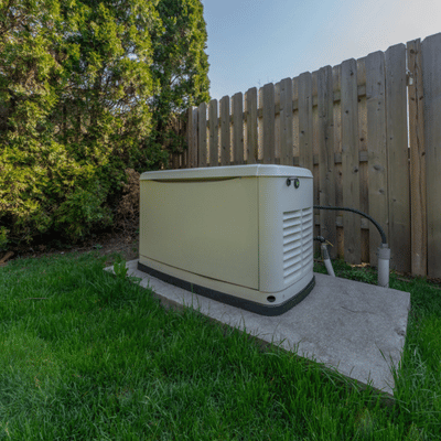 Residential standby generator on pad by wooden fence showing completed home generator installation setup